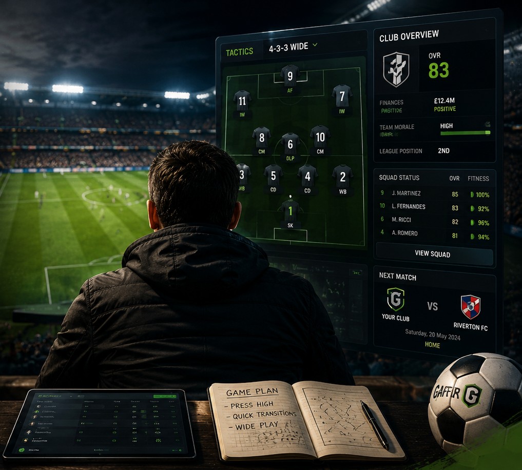 A manager's view of the touchline: a 4-3-3 tactics board, club overview, squad status and the next match card, over a floodlit pitch.